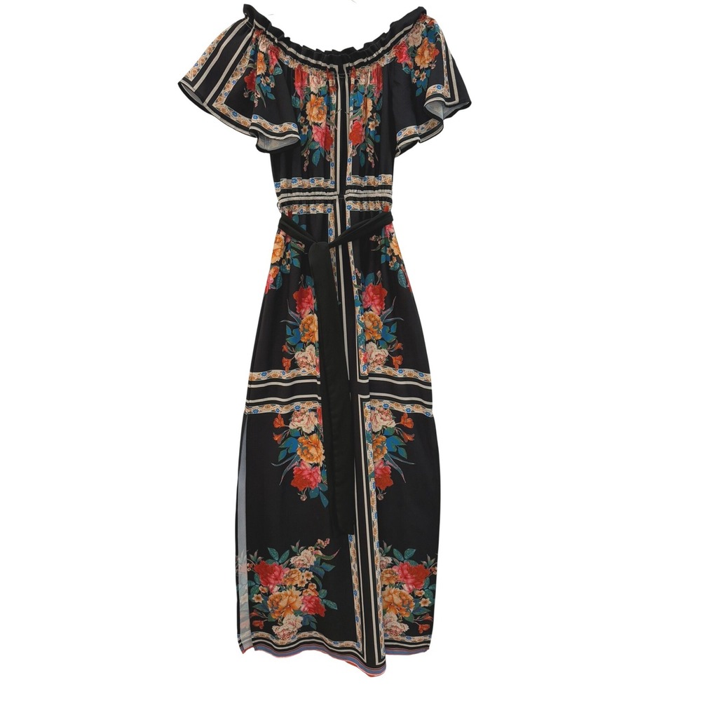 Lulus Black Floral Border Print Off Shoulder Maxi Dress XS Flutter Sleeve Belted